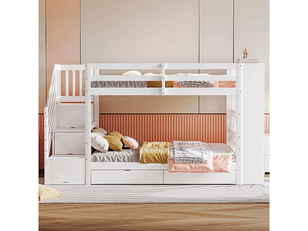 Lit superposé enfant 90x200 cm avec 2 tiroirs - Escalier de rangement - Étagères ouvertes - Barrière haute - Sommier à lattes - Blanc