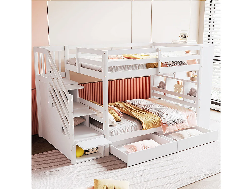 Lit superposé enfant 90x200 cm avec 2 tiroirs - Escalier de rangement - Étagères ouvertes - Barrière haute - Sommier à lattes - Blanc