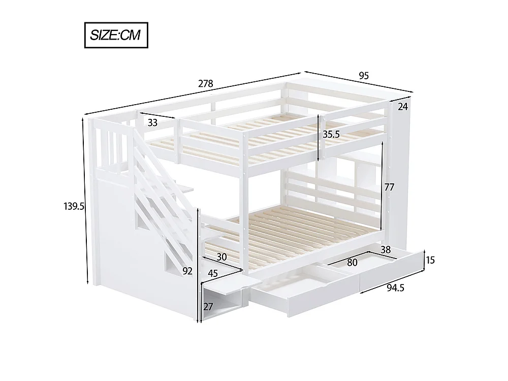 Lit superposé enfant 90x200 cm avec 2 tiroirs - Escalier de rangement - Étagères ouvertes - Barrière haute - Sommier à lattes - Blanc