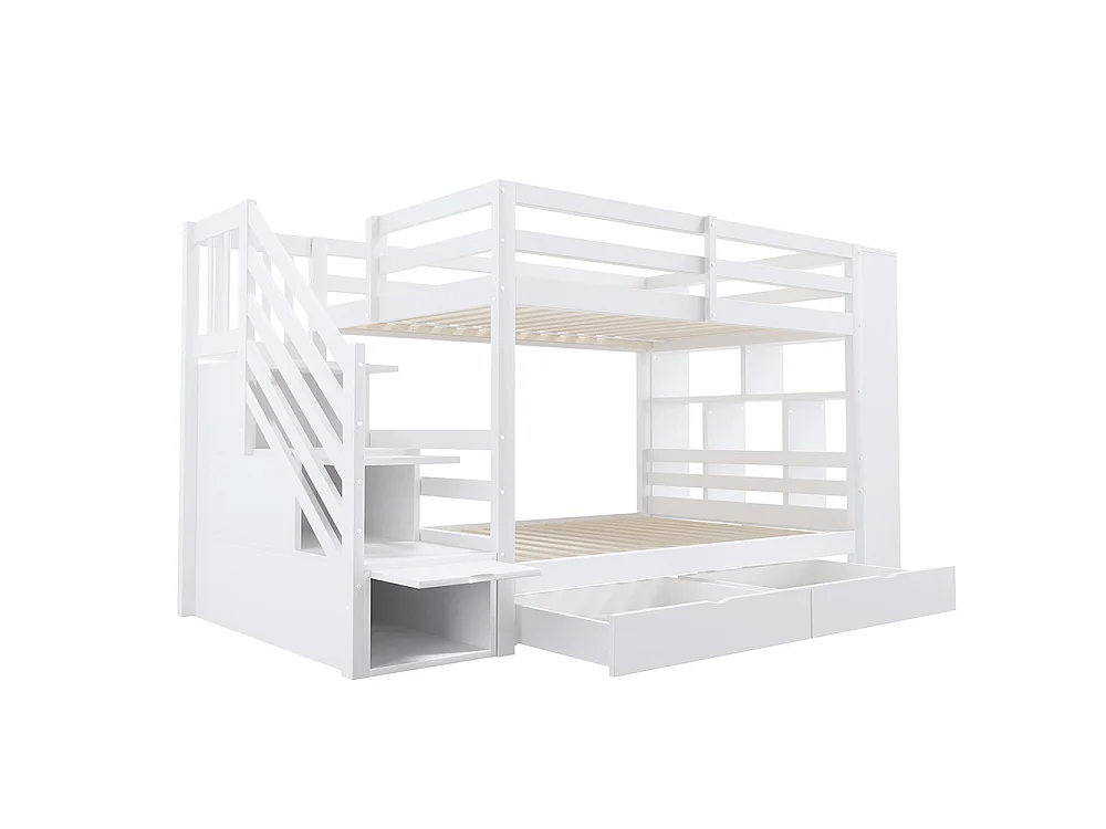 Lit superposé enfant 90x200 cm avec 2 tiroirs - Escalier de rangement - Étagères ouvertes - Barrière haute - Sommier à lattes - Blanc