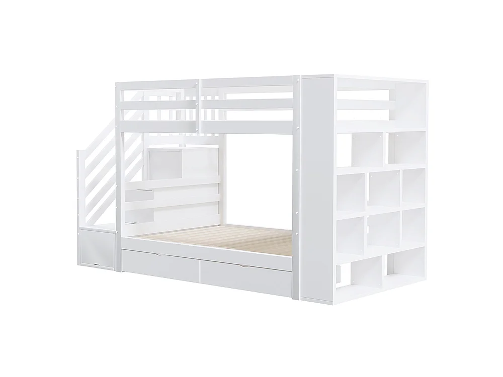 Lit superposé enfant 90x200 cm avec 2 tiroirs - Escalier de rangement - Étagères ouvertes - Barrière haute - Sommier à lattes - Blanc