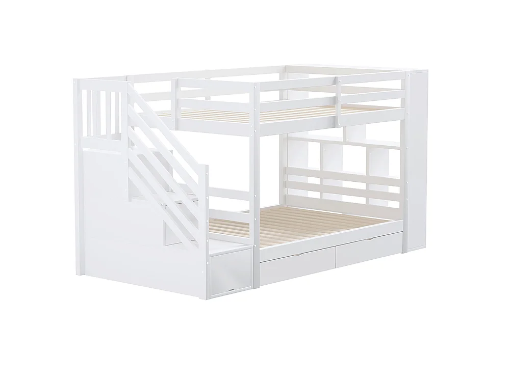 Lit superposé enfant 90x200 cm avec 2 tiroirs - Escalier de rangement - Étagères ouvertes - Barrière haute - Sommier à lattes - Blanc