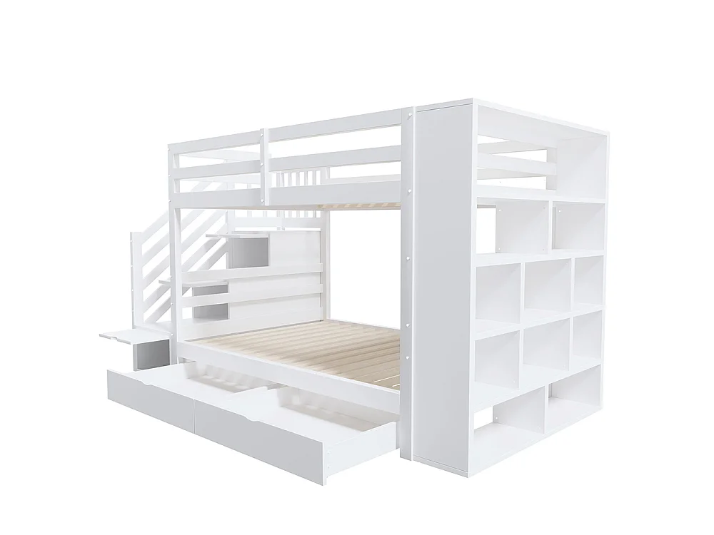 Lit superposé enfant 90x200 cm avec 2 tiroirs - Escalier de rangement - Étagères ouvertes - Barrière haute - Sommier à lattes - Blanc