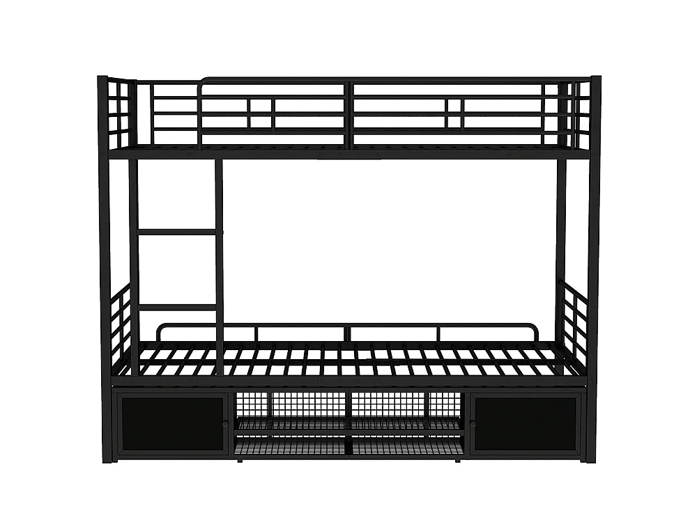 Lit superposé enfant 2 places en métal 90 x 200 cm - Armoire à chaussures - Échelle à trois marches - Noir