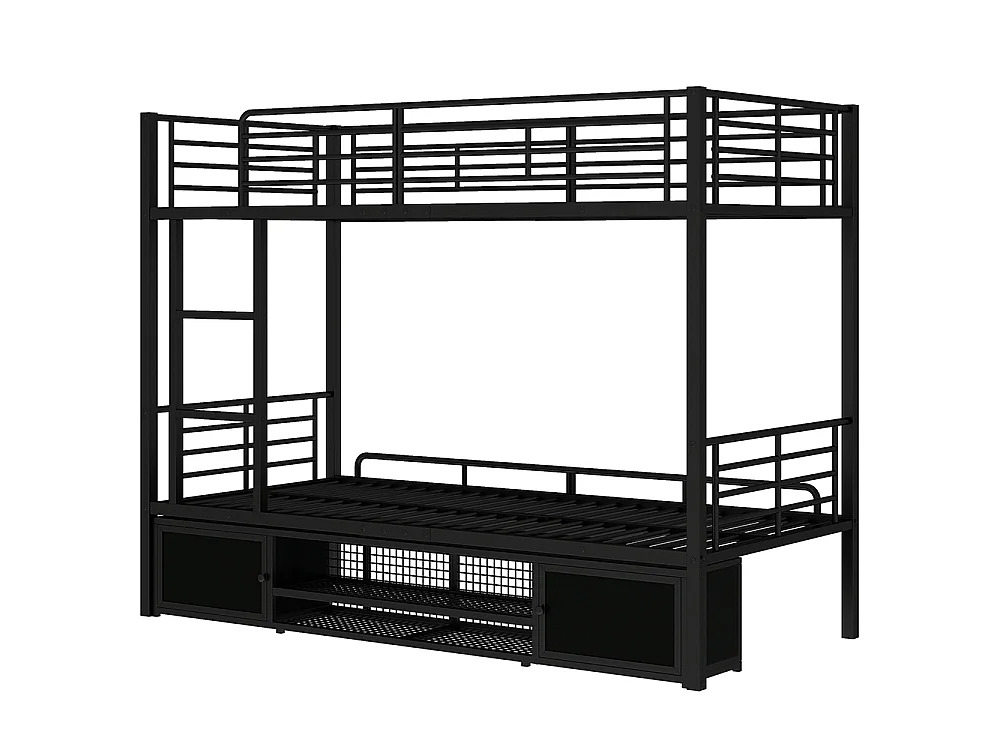 Lit superposé enfant 2 places en métal 90 x 200 cm - Armoire à chaussures - Échelle à trois marches - Noir