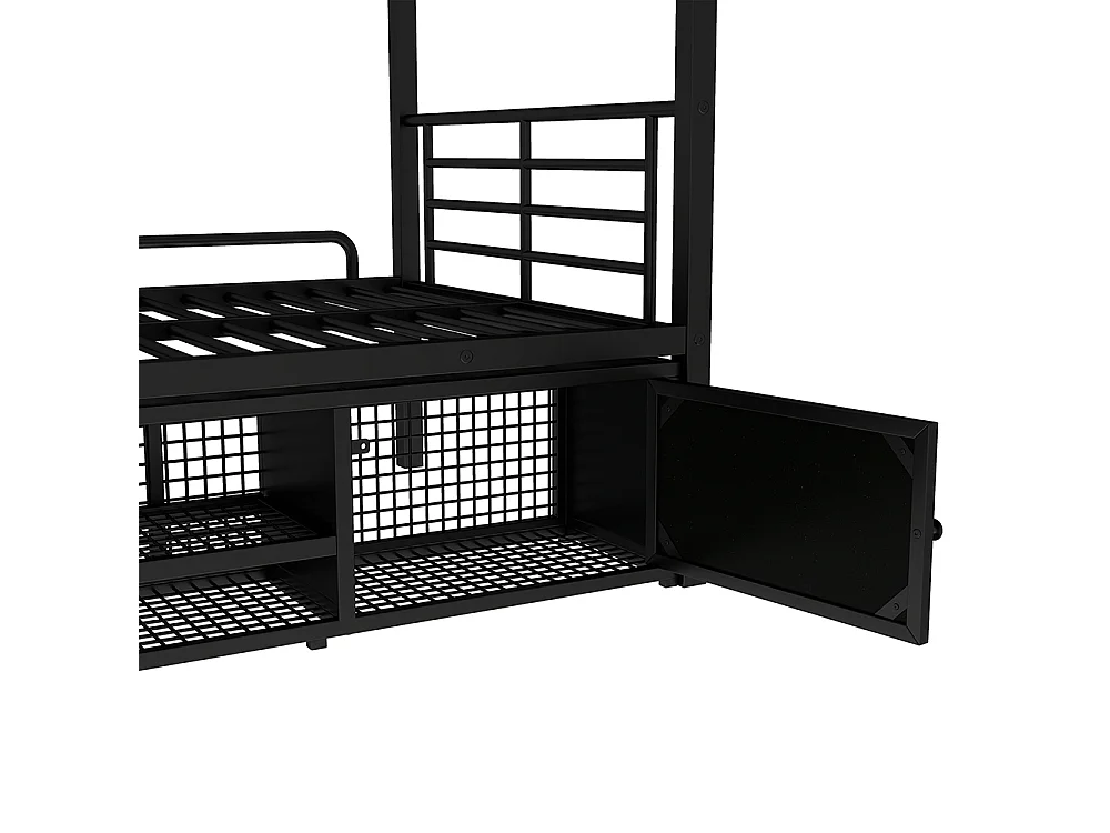 Lit superposé enfant 2 places en métal 90 x 200 cm - Armoire à chaussures - Échelle à trois marches - Noir