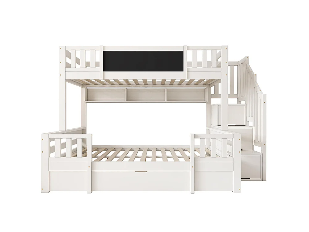 Lit superposé enfant 90x200 cm + 140x200 cm avec 1 tiroir - escalier de rangement - tableau noir - étagères - bois massif - Blanc