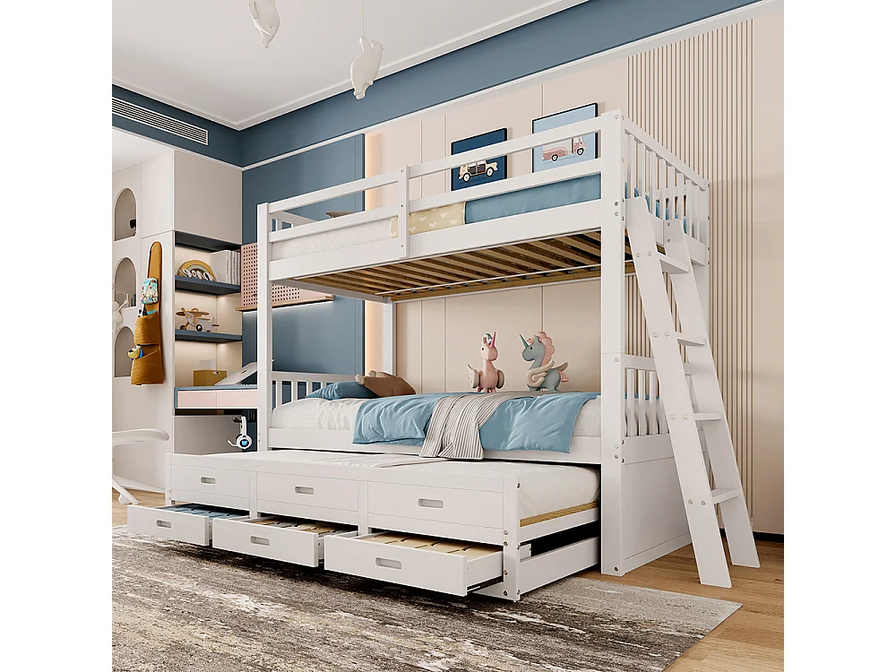 Lit superposé enfant 90x200 cm avec lit gigogne - 3 tiroirs - échelle - peut être divisé en Deux Lit simple - Bois massif - Blanc