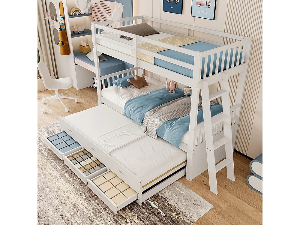 Lit superposé enfant 90x200 cm avec lit gigogne - 3 tiroirs - échelle - peut être divisé en Deux Lit simple - Bois massif - Blanc