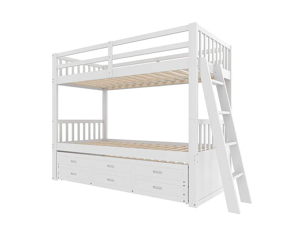 Lit superposé enfant 90x200 cm avec lit gigogne - 3 tiroirs - échelle - peut être divisé en Deux Lit simple - Bois massif - Blanc