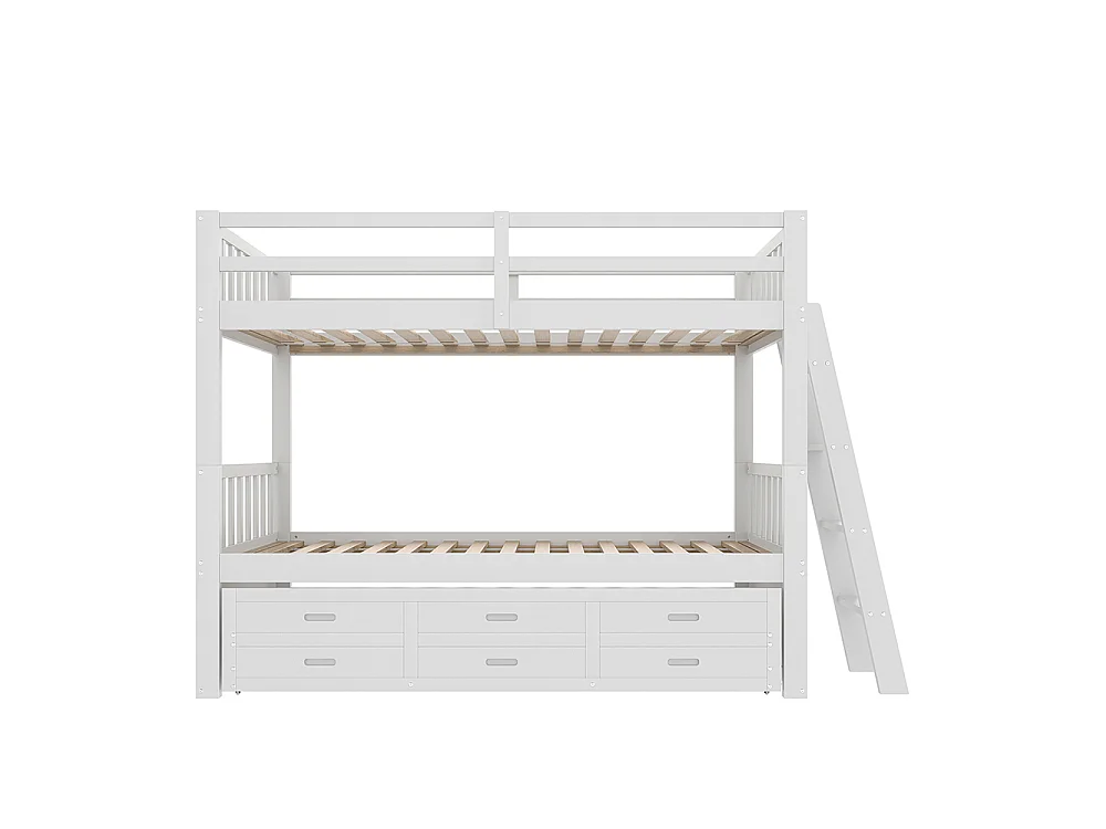 Lit superposé enfant 90x200 cm avec lit gigogne - 3 tiroirs - échelle - peut être divisé en Deux Lit simple - Bois massif - Blanc