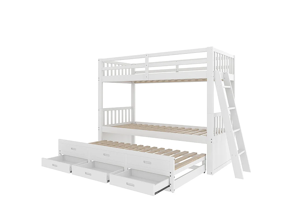 Lit superposé enfant 90x200 cm avec lit gigogne - 3 tiroirs - échelle - peut être divisé en Deux Lit simple - Bois massif - Blanc
