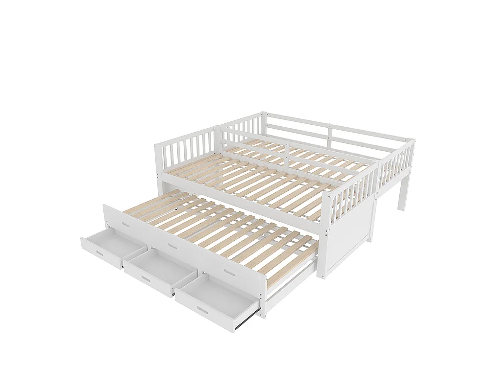 Lit superposé enfant 90x200 cm avec lit gigogne - 3 tiroirs - échelle - peut être divisé en Deux Lit simple - Bois massif - Blanc