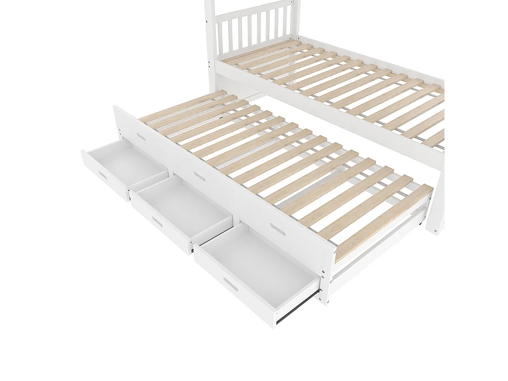 Lit superposé enfant 90x200 cm avec lit gigogne - 3 tiroirs - échelle - peut être divisé en Deux Lit simple - Bois massif - Blanc