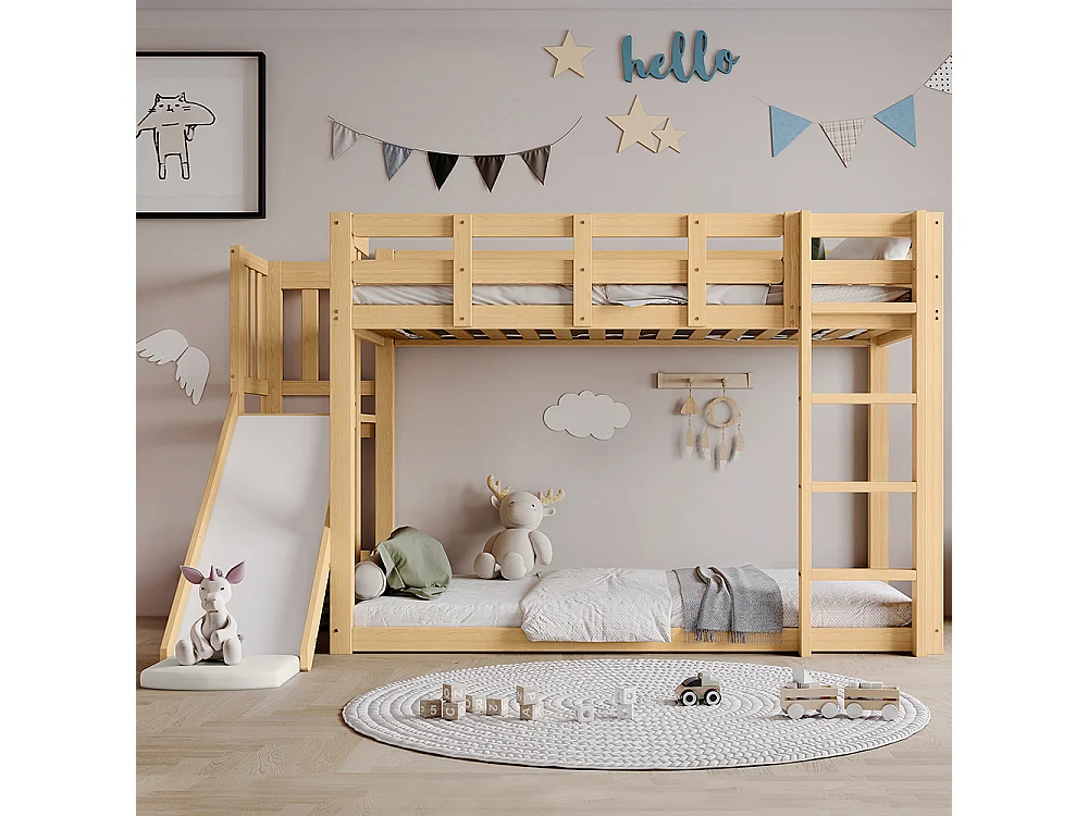 Lit superposé enfant 90 x 200 cm - avec toboggan et barrière de sécurité - Rideau de lit - Bois de pin - Sommier à lattes - Naturel