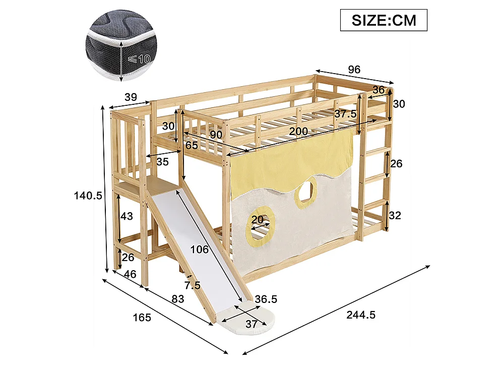 Lit superposé enfant 90 x 200 cm - avec toboggan et barrière de sécurité - Rideau de lit - Bois de pin - Sommier à lattes - Naturel