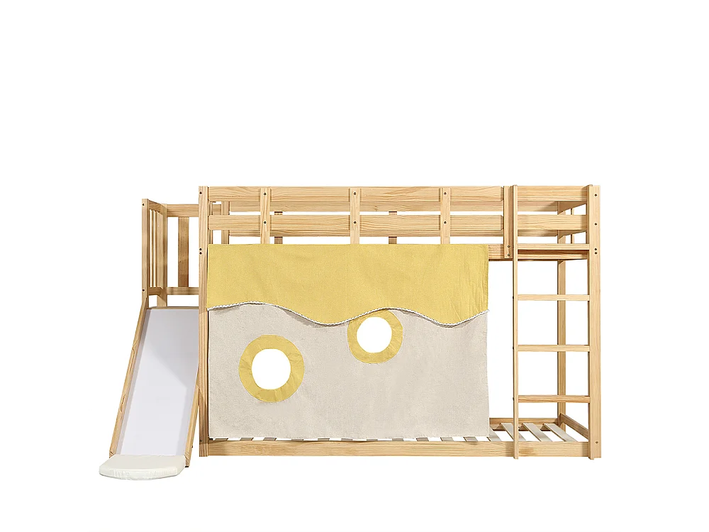 Lit superposé enfant 90 x 200 cm - avec toboggan et barrière de sécurité - Rideau de lit - Bois de pin - Sommier à lattes - Naturel