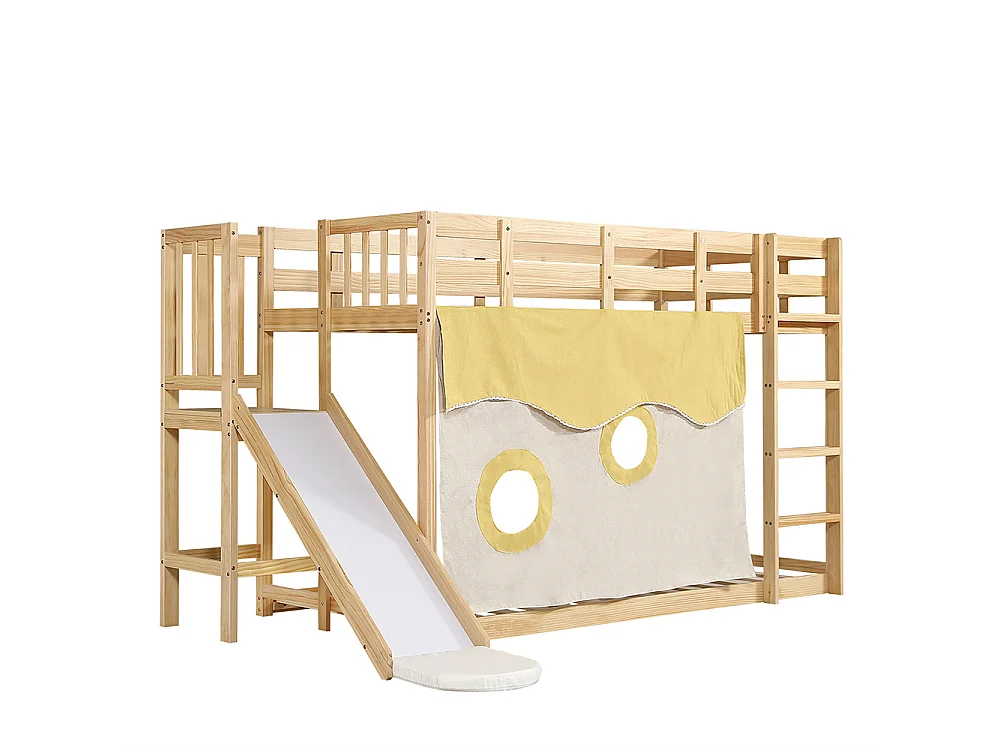 Lit superposé enfant 90 x 200 cm - avec toboggan et barrière de sécurité - Rideau de lit - Bois de pin - Sommier à lattes - Naturel