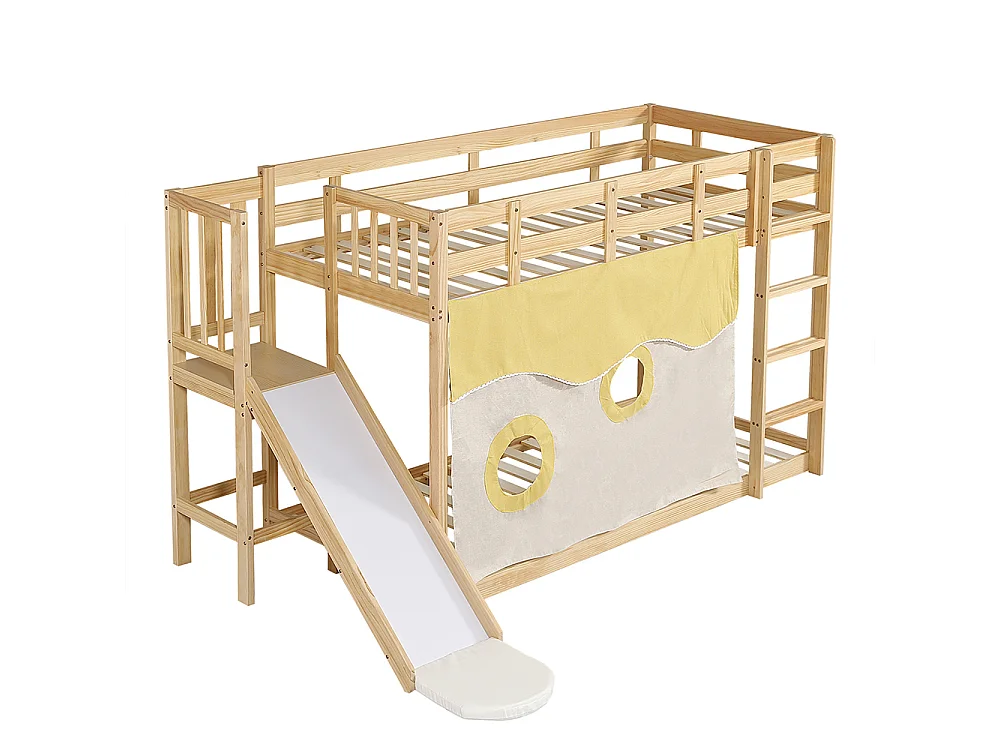 Lit superposé enfant 90 x 200 cm - avec toboggan et barrière de sécurité - Rideau de lit - Bois de pin - Sommier à lattes - Naturel