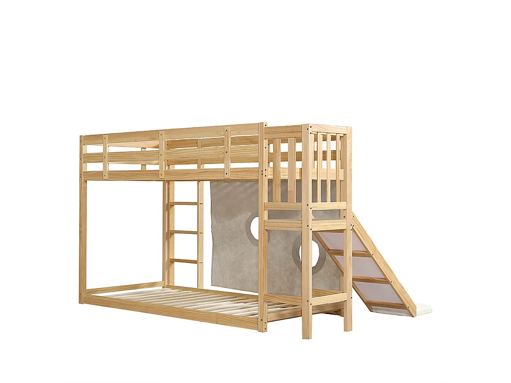 Lit superposé enfant 90 x 200 cm - avec toboggan et barrière de sécurité - Rideau de lit - Bois de pin - Sommier à lattes - Naturel
