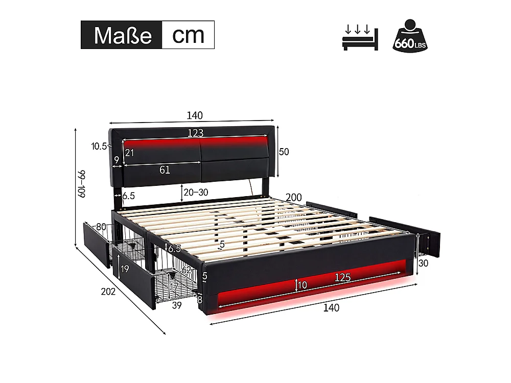Lit double 140 x 200 cm lit adulte - avec port USB (Charge sans Fil) - éclairage LED - 4 tiroirs - PU - Noir