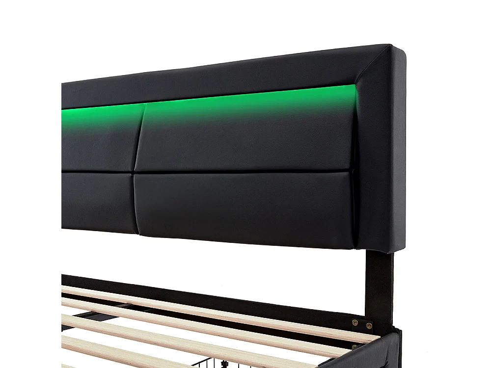 Lit double 140 x 200 cm lit adulte - avec port USB (Charge sans Fil) - éclairage LED - 4 tiroirs - PU - Noir