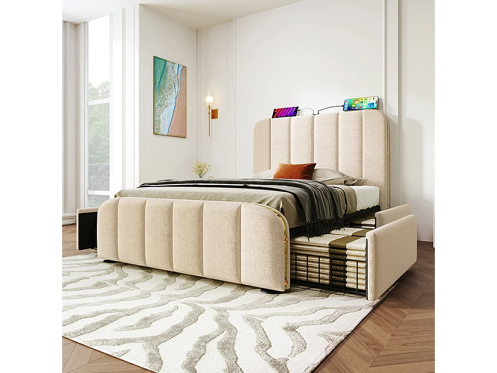 Lit Simple Rembourré 90x200 cm avec Ports USB et Typ-C - 4 Tiroirs de Rangement - Sommier à Lattes - Tissu Lin - Beige