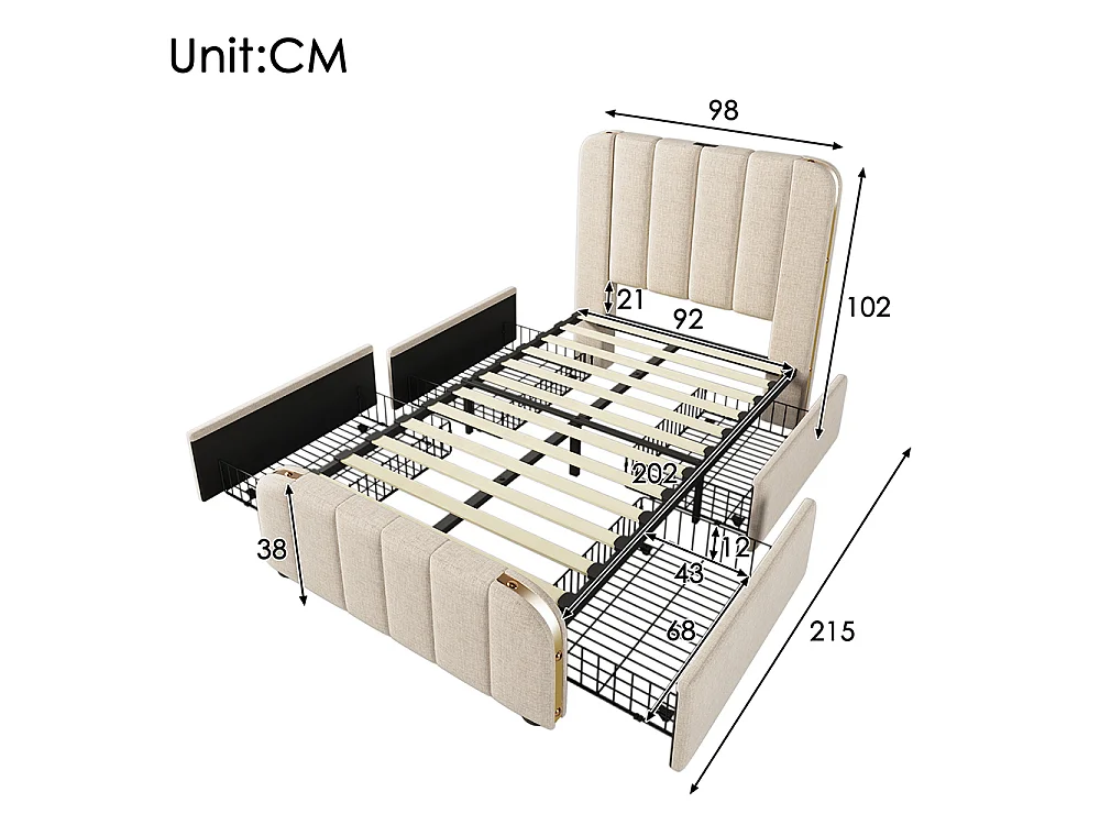 Lit Simple Rembourré 90x200 cm avec Ports USB et Typ-C - 4 Tiroirs de Rangement - Sommier à Lattes - Tissu Lin - Beige