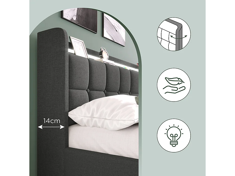 Lit rembourré double 140x200 cm avec éclairage LED et 4 tiroirs, Tête de lit avec étagère, USB, Sommier à lattes, Tissu lin, Gris