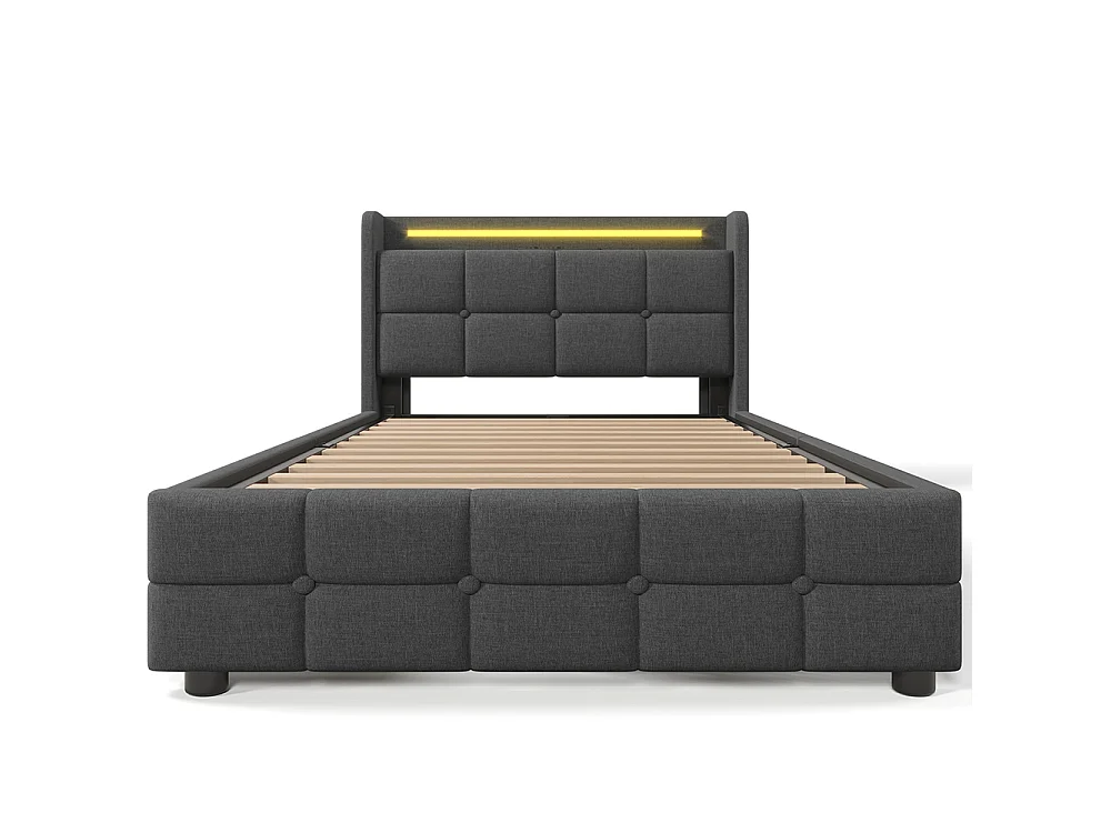 Lit rembourré simple 90x200 cm avec éclairage LED et 2 tiroirs, Tête de lit avec étagère, USB, Sommier à lattes, Tissu lin, Gris