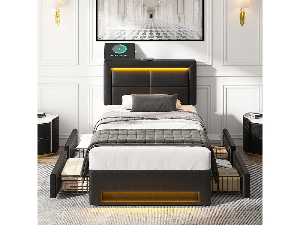 Lit simple 90 x 190 cm lit adulte - avec port USB (Charge sans Fil) - éclairage LED - 4 tiroirs - PU - Noir
