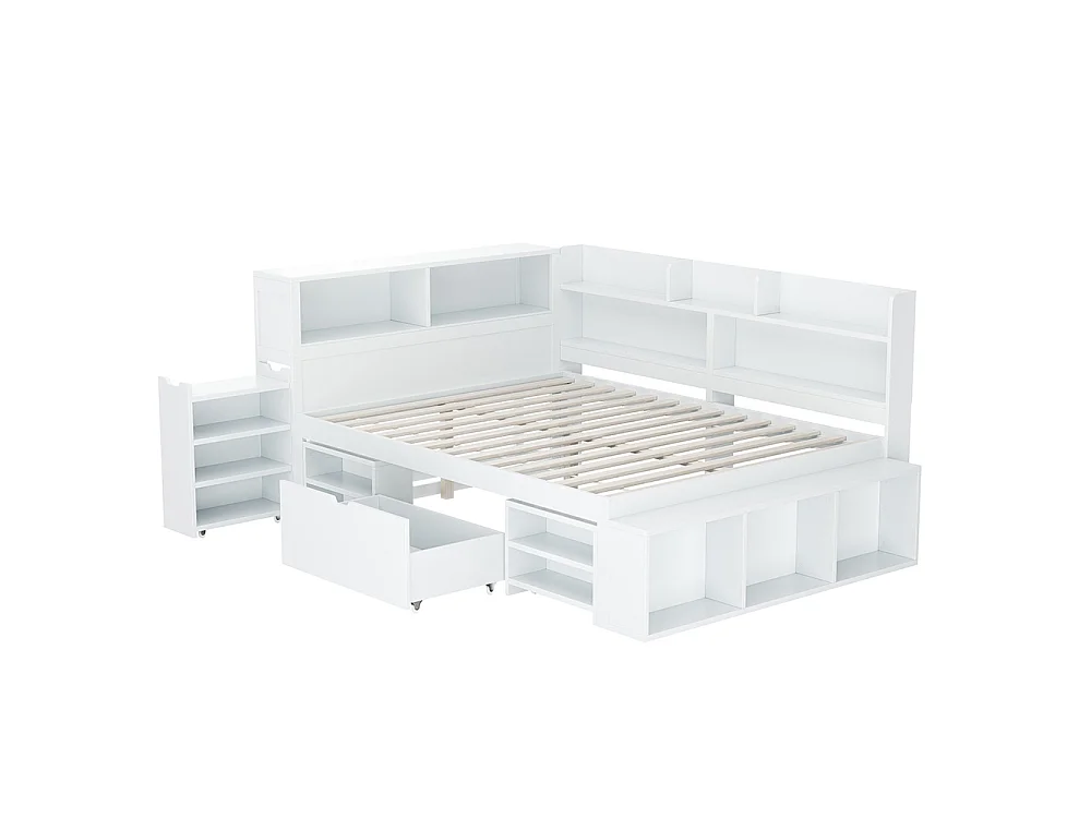 Lit enfant 140x200cm, Lit double avec tiroirs et étagères de rangement, Cadre de lit avec tables de chevet, sommier à lattes, blanc