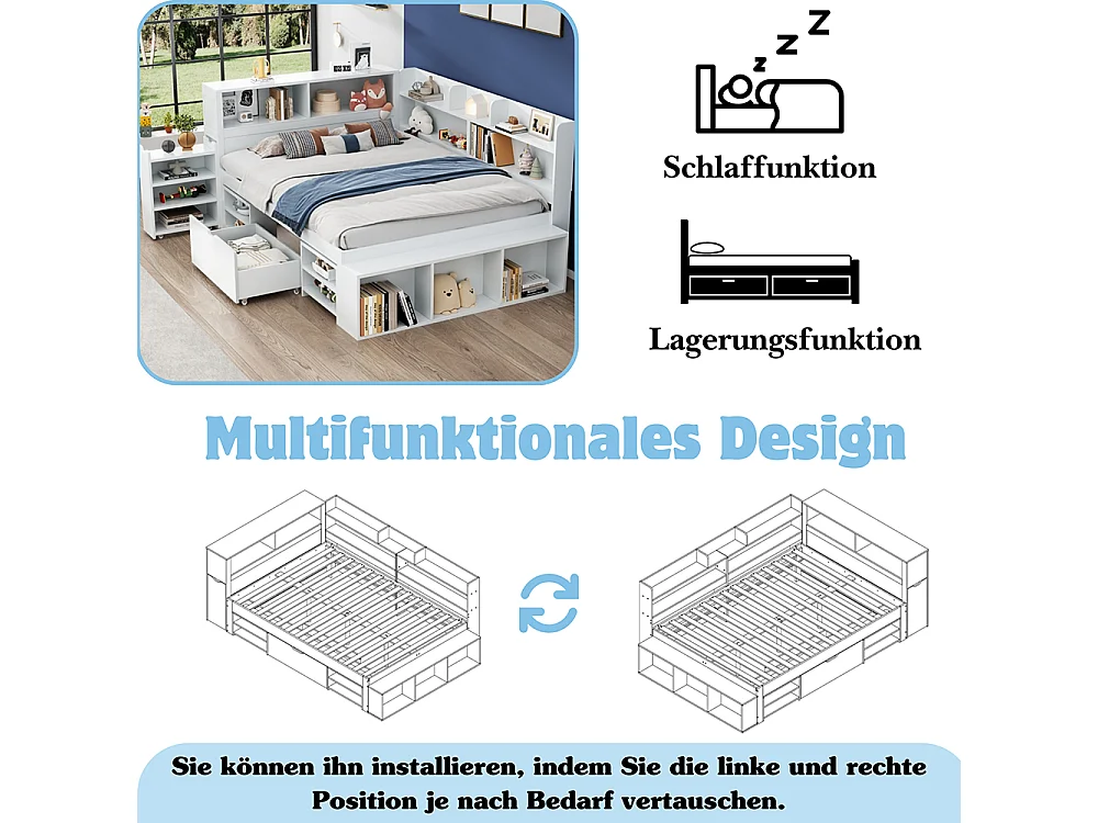 Lit enfant 140x200cm, Lit double avec tiroirs et étagères de rangement, Cadre de lit avec tables de chevet, sommier à lattes, blanc