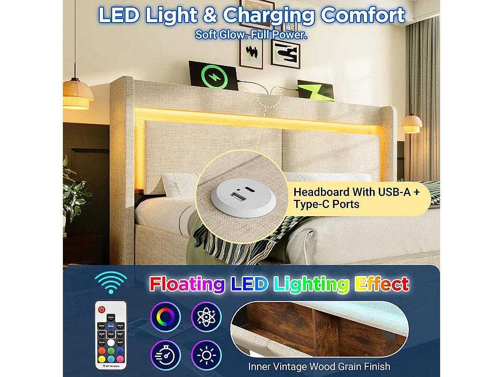 Lit coffre rembourré 140x200 cm - avec LED et Ports USB - 1 tiroir - Tête de lit avec rangement - Sommier à lattes - Lin - Beige