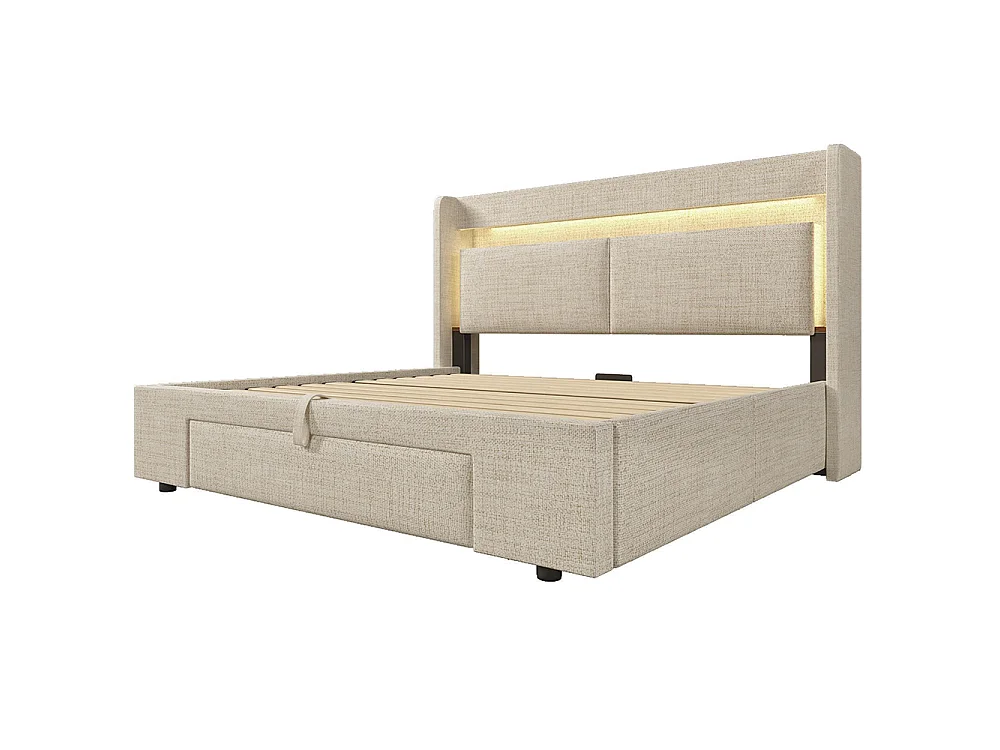 Lit coffre rembourré 140x200 cm - avec LED et Ports USB - 1 tiroir - Tête de lit avec rangement - Sommier à lattes - Lin - Beige