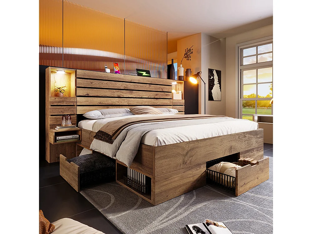 Lit adulte en bois 160x200 cm avec tiroirs - Lit double avec table de chevet suspendue - LED et USB Type-C - Chêne