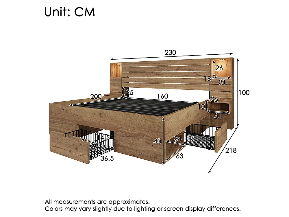 Lit adulte en bois 160x200 cm avec tiroirs - Lit double avec table de chevet suspendue - LED et USB Type-C - Chêne