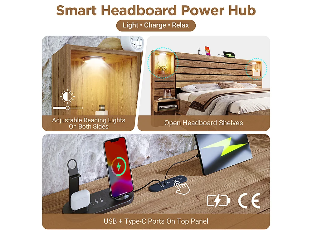 Lit adulte en bois 160x200 cm avec tiroirs - Lit double avec table de chevet suspendue - LED et USB Type-C - Chêne