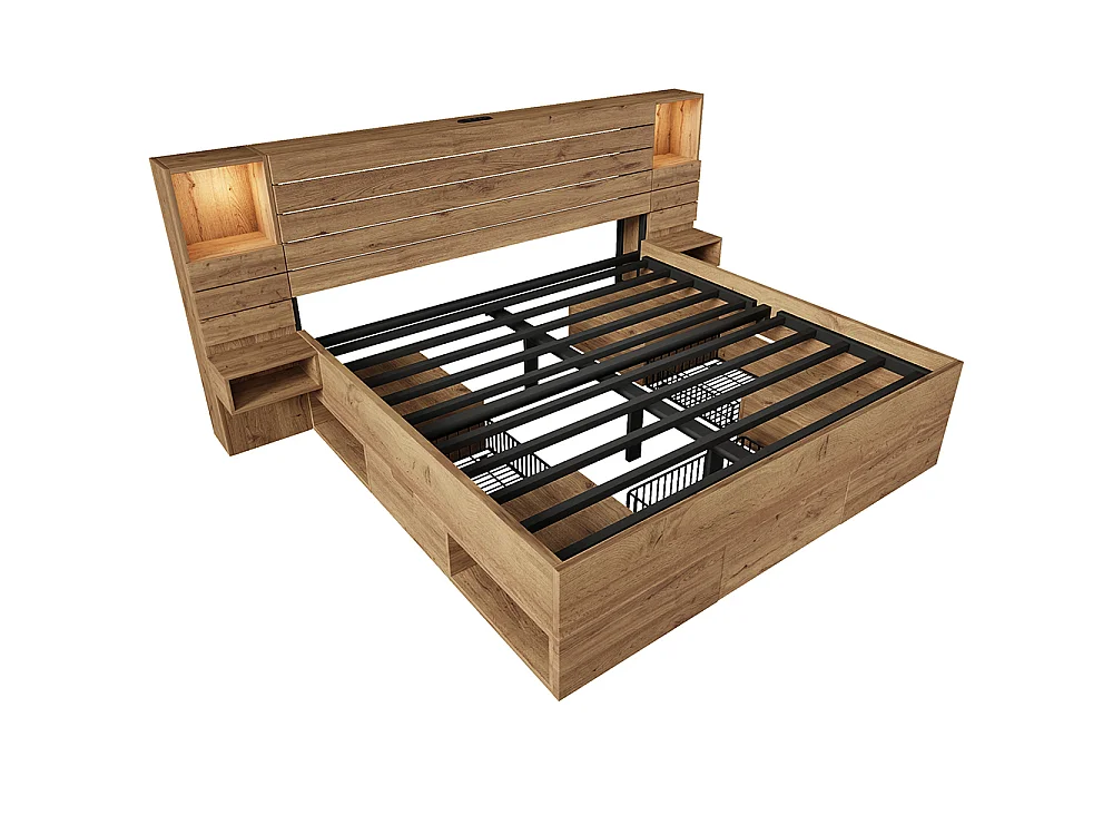 Lit adulte en bois 160x200 cm avec tiroirs - Lit double avec table de chevet suspendue - LED et USB Type-C - Chêne
