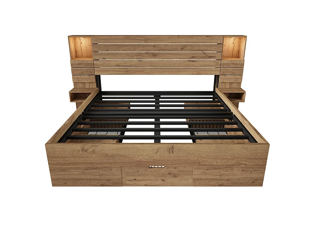 Lit adulte en bois 160x200 cm avec tiroirs - Lit double avec table de chevet suspendue - LED et USB Type-C - Chêne