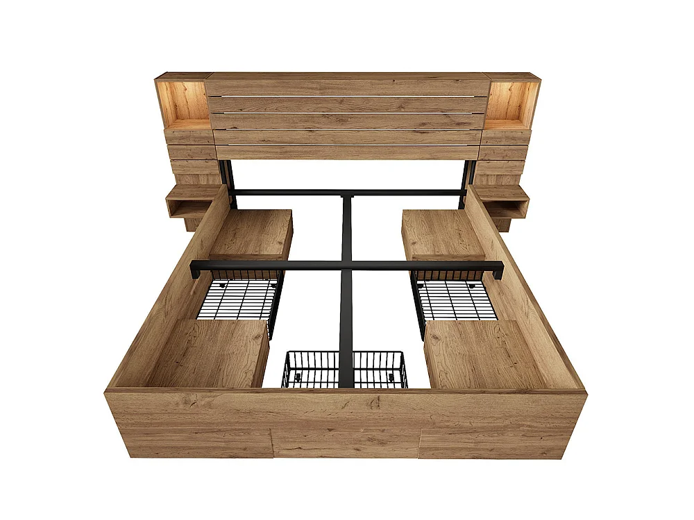 Lit adulte en bois 160x200 cm avec tiroirs - Lit double avec table de chevet suspendue - LED et USB Type-C - Chêne