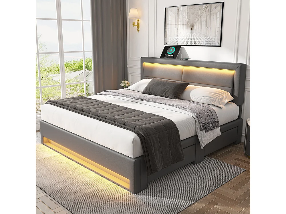 Lit double 140 x 190 cm lit adulte - avec port USB (Charge sans Fil) - éclairage LED - 4 tiroirs - PU - Gris