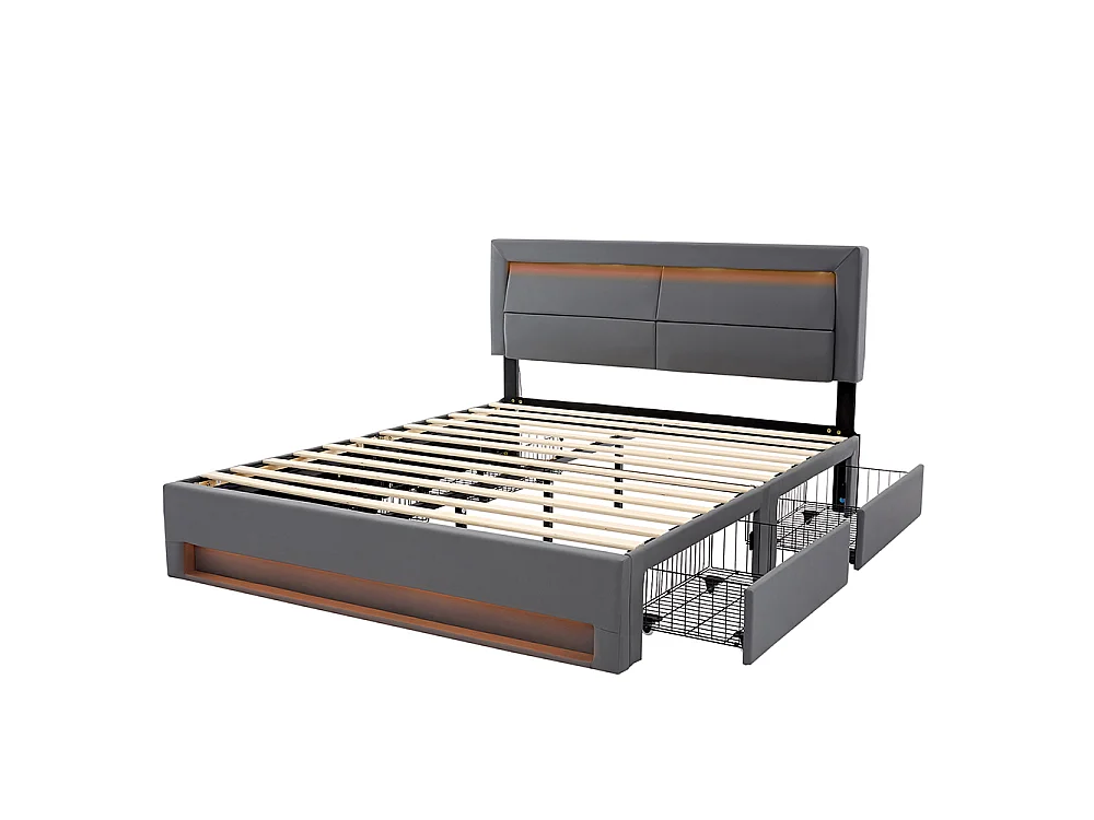Lit double 140 x 190 cm lit adulte - avec port USB (Charge sans Fil) - éclairage LED - 4 tiroirs - PU - Gris