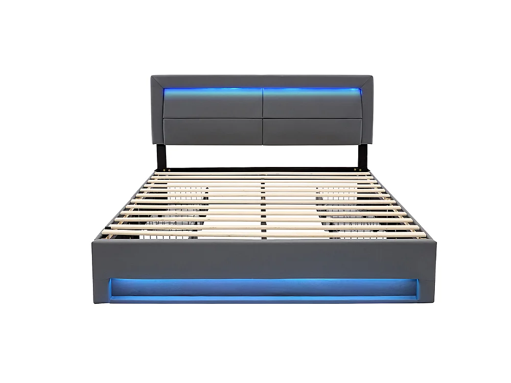 Lit double 140 x 190 cm lit adulte - avec port USB (Charge sans Fil) - éclairage LED - 4 tiroirs - PU - Gris