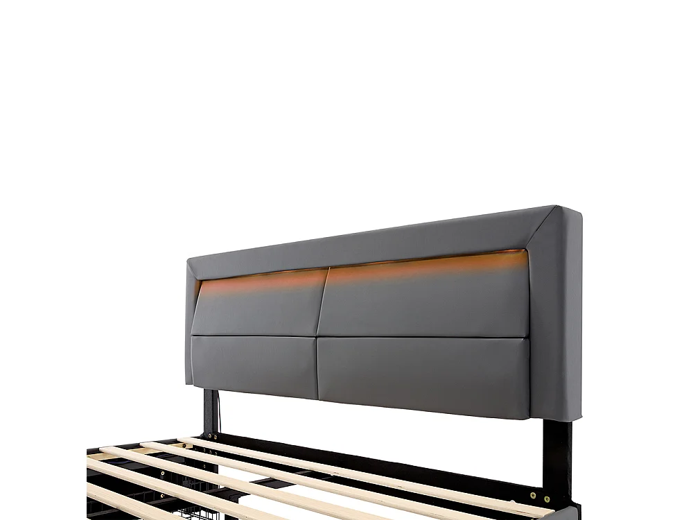 Lit double 140 x 190 cm lit adulte - avec port USB (Charge sans Fil) - éclairage LED - 4 tiroirs - PU - Gris