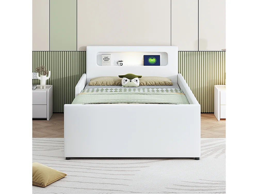 Lit enfant rembourré 90 x 200 cm - avec veilleuse - port USB - tiroir - compartiments de rangement - cuir synthétique - blanc