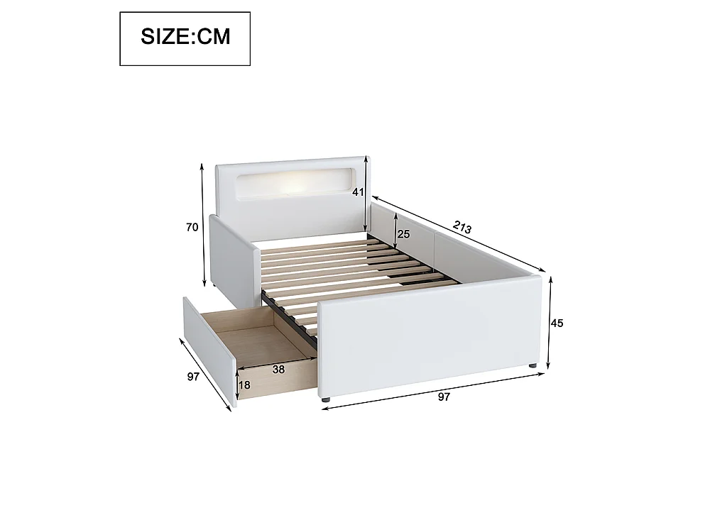 Lit enfant rembourré 90 x 200 cm - avec veilleuse - port USB - tiroir - compartiments de rangement - cuir synthétique - blanc