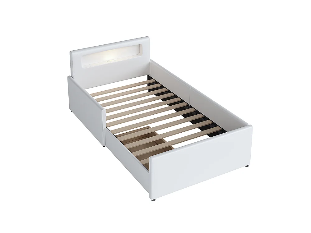 Lit enfant rembourré 90 x 200 cm - avec veilleuse - port USB - tiroir - compartiments de rangement - cuir synthétique - blanc