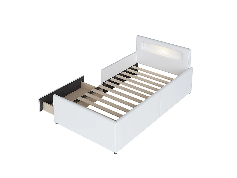 Lit enfant rembourré 90 x 200 cm - avec veilleuse - port USB - tiroir - compartiments de rangement - cuir synthétique - blanc