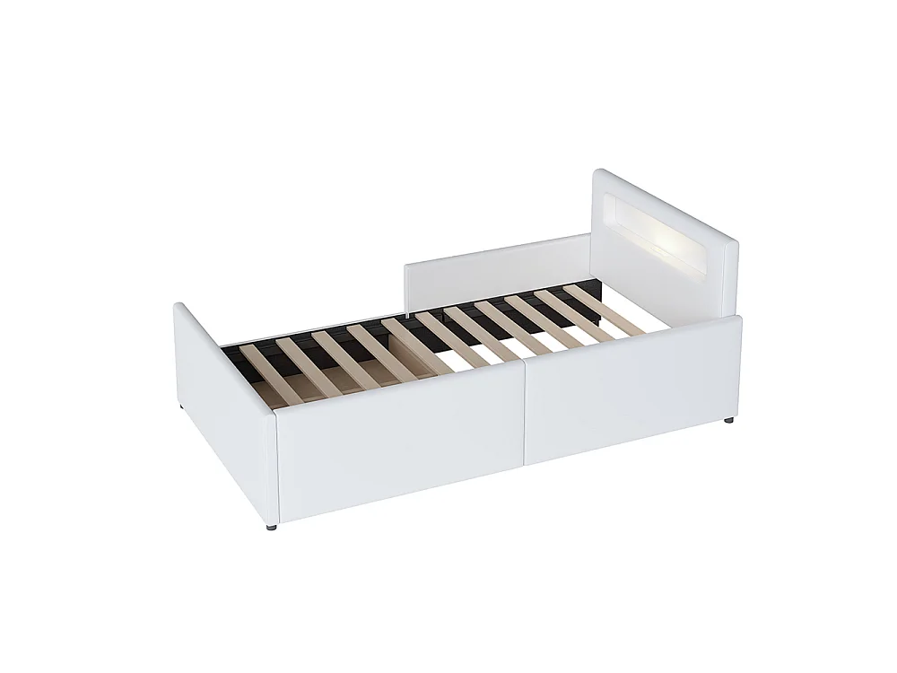 Lit enfant rembourré 90 x 200 cm - avec veilleuse - port USB - tiroir - compartiments de rangement - cuir synthétique - blanc